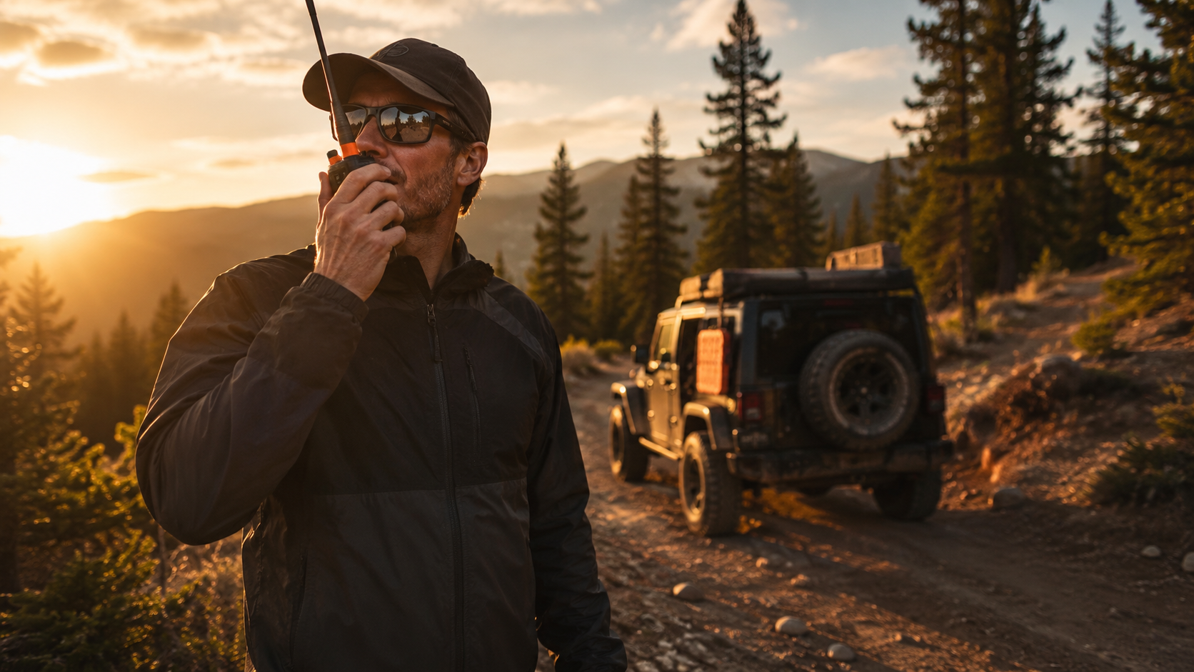 Overlander calling on a GMRS handheld radio on a mountain trail, Jeep Wrangler in the background at golden hour