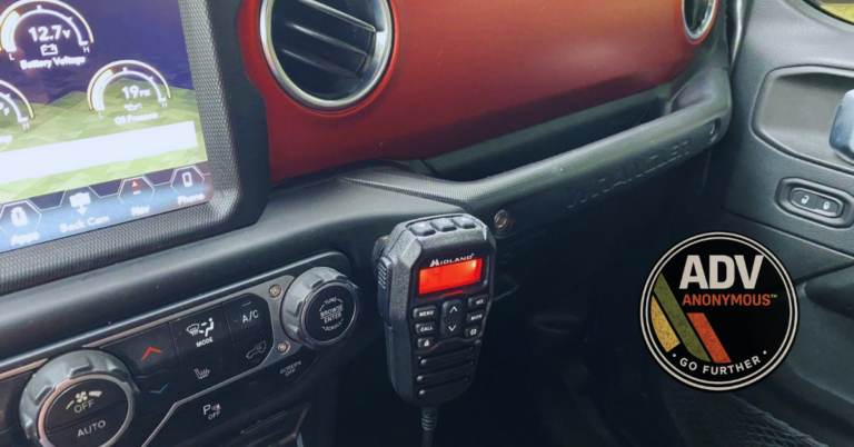 Midland MXT575 GMRS license radio mounted in Jeep Wrangler dashboard