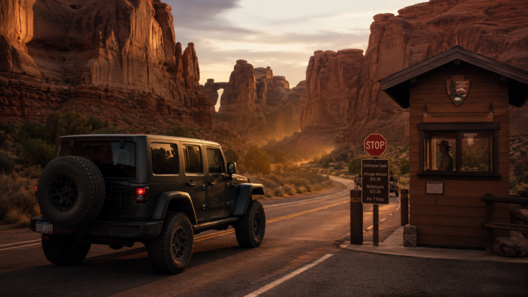How Recreation.gov works — national park entrance gate at golden hour