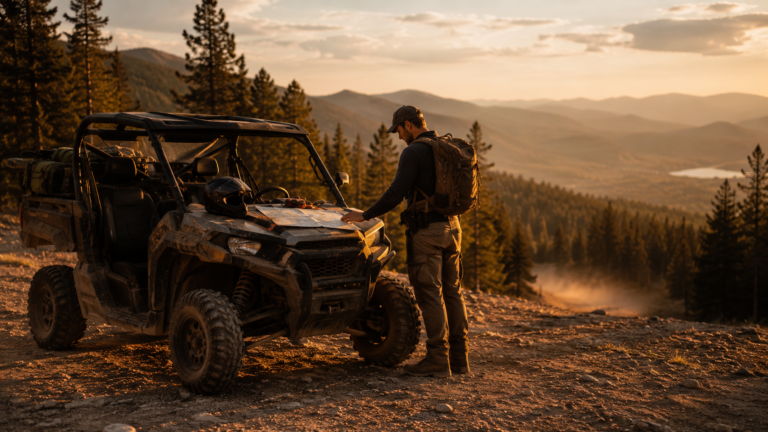 Person inspecting a UTV side-by-side on a mountain trail — OHV vehicle classification by state